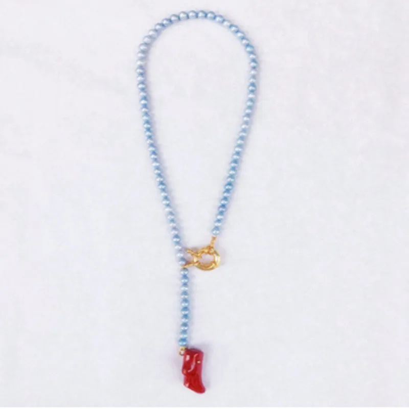 Колье Boho lariat en perles bleues et pendentif corail красная Коралловая подвеска ожерелья слоистые женские массивные Чокеры ожерелья