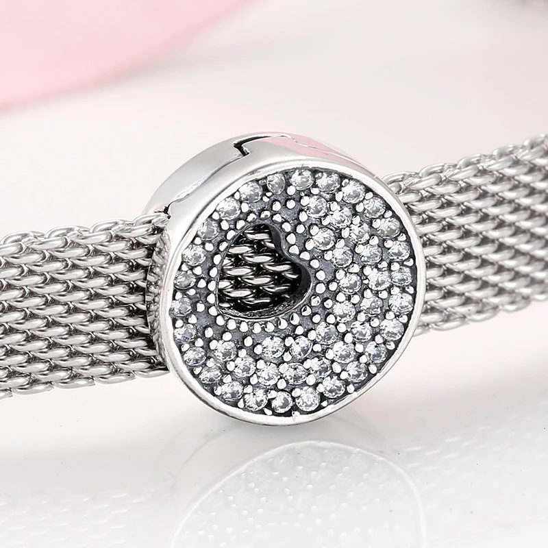 Новые 925 пробы серебряные сердца и круглой формы сверкающие CZ бусы-клипсы подходят к оригинальному отражению браслет для изготовления ювелирных изделий