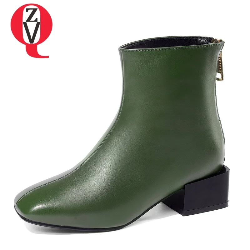

ZVQ hot sale 2018 newest med square heel genuine leather zipper square toe black and green fashion sexy outside winter booties