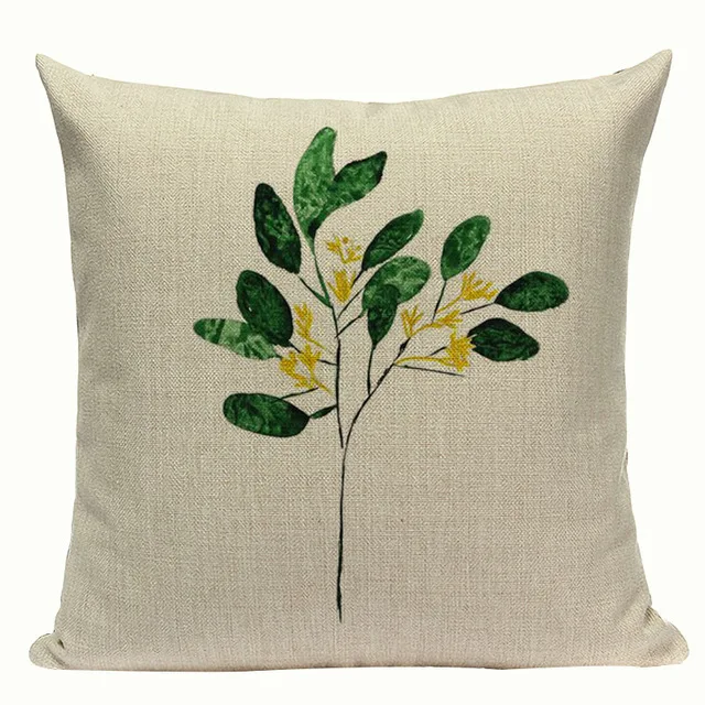 Botanical pillowcover home cushions green leaves linen decorative