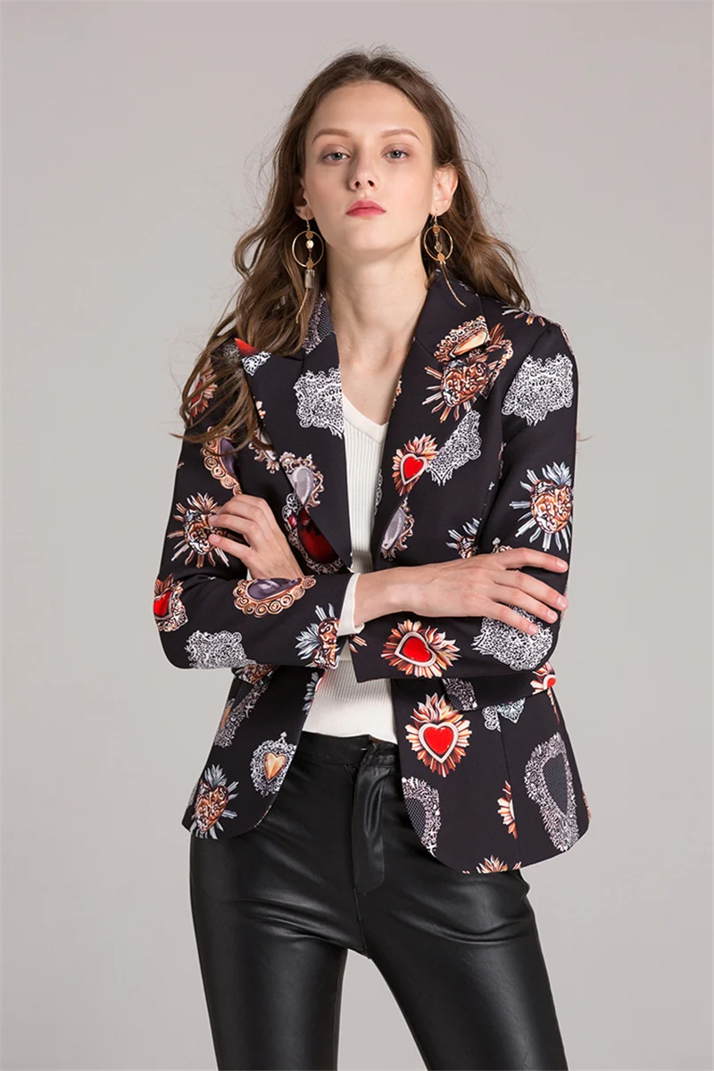 Женский блейзер с цветочным принтом, модная черная Женская куртка, осенняя Повседневная приталенная верхняя одежда, подиумный винтажный дизайн, корейское Женское пальто