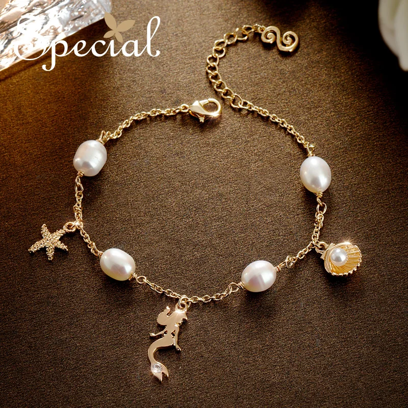 

Special handmade natural pearl starfish shell bracelet champagne lined mermaid dance