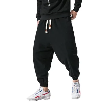 

2019 Chinese Style Linen Harem Pants Men Hip Hop Drop Pants Mens Joggers Male Pantalones Hombre retro Fleece sweatpants M-5XL