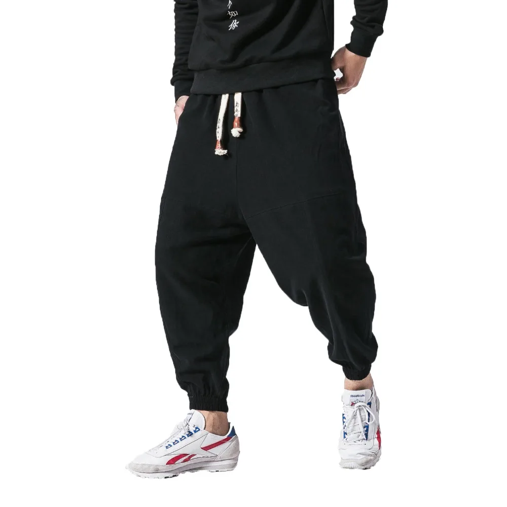 

2019 Chinese Style Linen Harem Pants Men Hip Hop Drop Pants Mens Joggers Male Retro Fleece Solid Color Personality Sweatpants