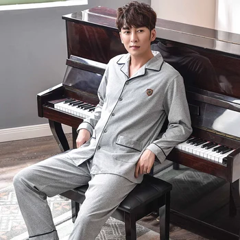 

2020 hot New Pjs Mens Sleepwear Lapel Grey Solid Pijama Plain Style 100% Cotton Leisure Cardigan Long Sleeves Mens Pajamas Set