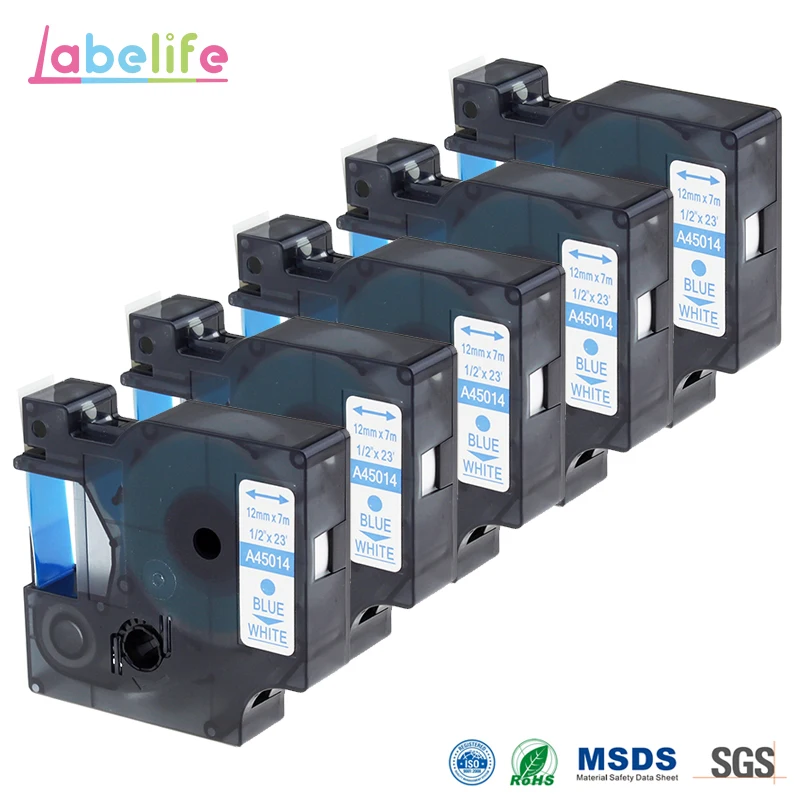 Labelife 5 упаковок 12 мм 45014 DYMO D1 синий на белой этикетке ленты Замена S0720540 для LabelManager