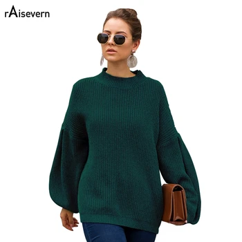

Raisevern Lantern Sleeve Short Loose Sweater New Solid Color Round Collar Long Sleeve Casaul Loose Autumn/winter Women Sweaters