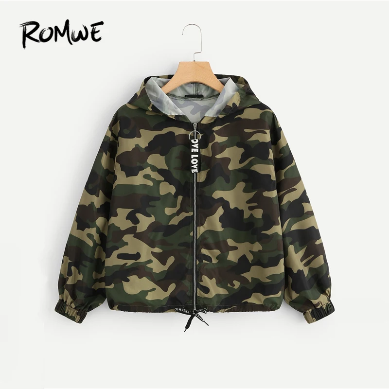 

ROMWE Camo Print Drawstring Hem Hooded Jacket 2019 Casual Streetwear Women Jacket Fashion Spring Autumn Womens Outerwear