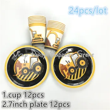 

24pcs/lot Excavator Truck Disposable Tableware Cartoon Car Birthday Baby Shower Excavator Plate Cup Party Decoration Supplies