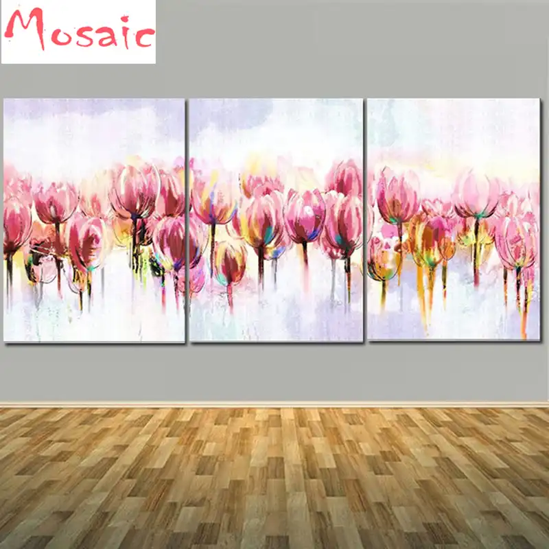 Tableau Abstrait Moderne Fleur Diamant Peinture Tulipe Rose Travail Manuel Ensemble De 3 Pieces Modele Mural Decoration Murale Pour Salon Maison Art Aliexpress