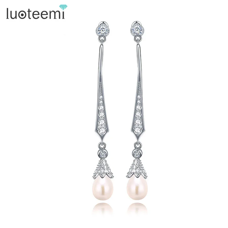 

LUOTEEMI New Fashion Statement Shining CZ With Simulated Pearl Pendant Long Drop Earrings Women Wedding Bridal Christmas Gifts