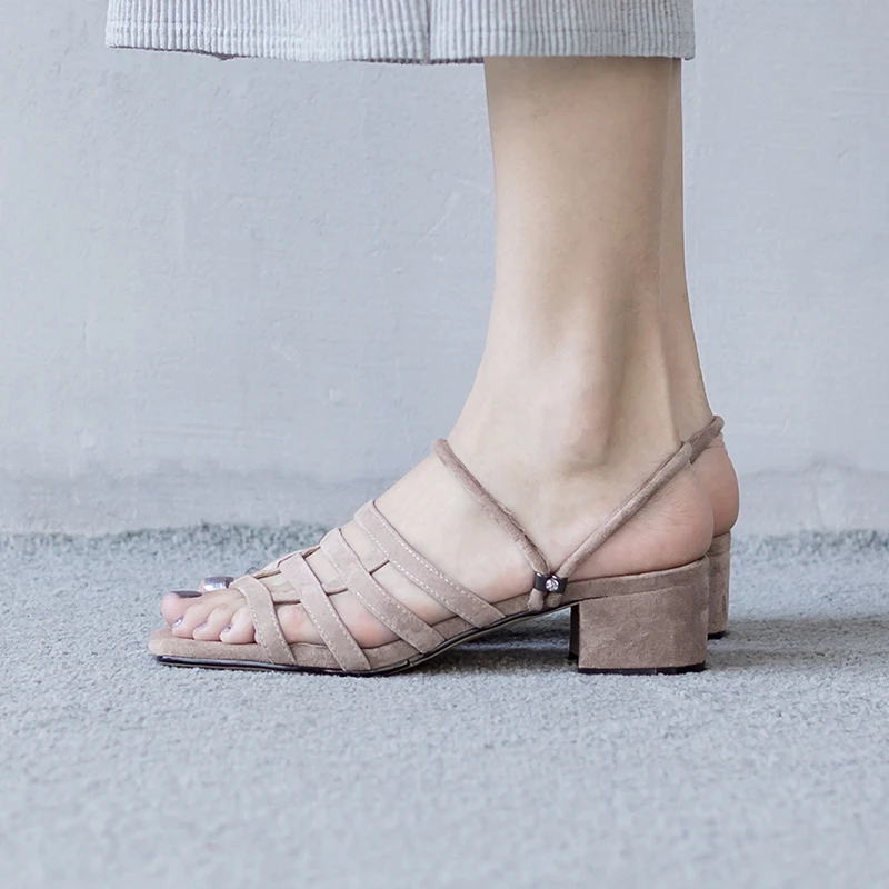 Stylesowner Tragen Genuie Seiten Ferse Zwei Mesh Sommer Hausschuhe Frauen Gleitet Heels Leder Chunky kakifarbig Sexy Schwarzes RqawrfR