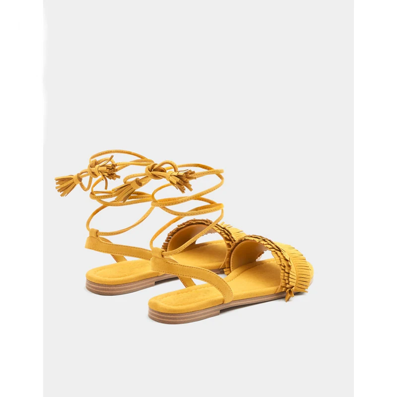 Carole Levy/Желтые женские туфли на плоской подошве с открытым носком, с бахромой и ремешком на щиколотке, с перекрестной шнуровкой летние