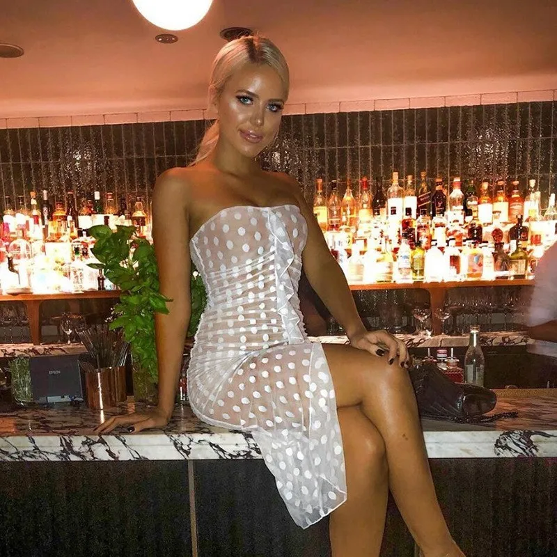 

PFFLOOK 2019 Summer Mesh Two-layer Stitching Women's Club Party Dress Summer Ladies Casual Vacation Sleeveless Strapless Dress