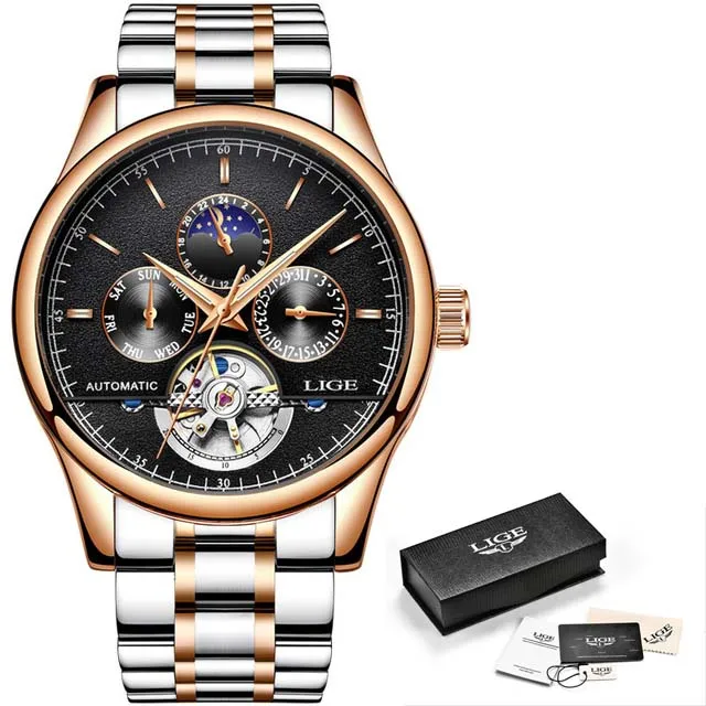 LIGE для мужчин часы лучший бренд класса люкс автоматические деловые s полный сталь Бизнес водонепроницаемые спортивные часы Relogio Masculino - Цвет: Gold black-S