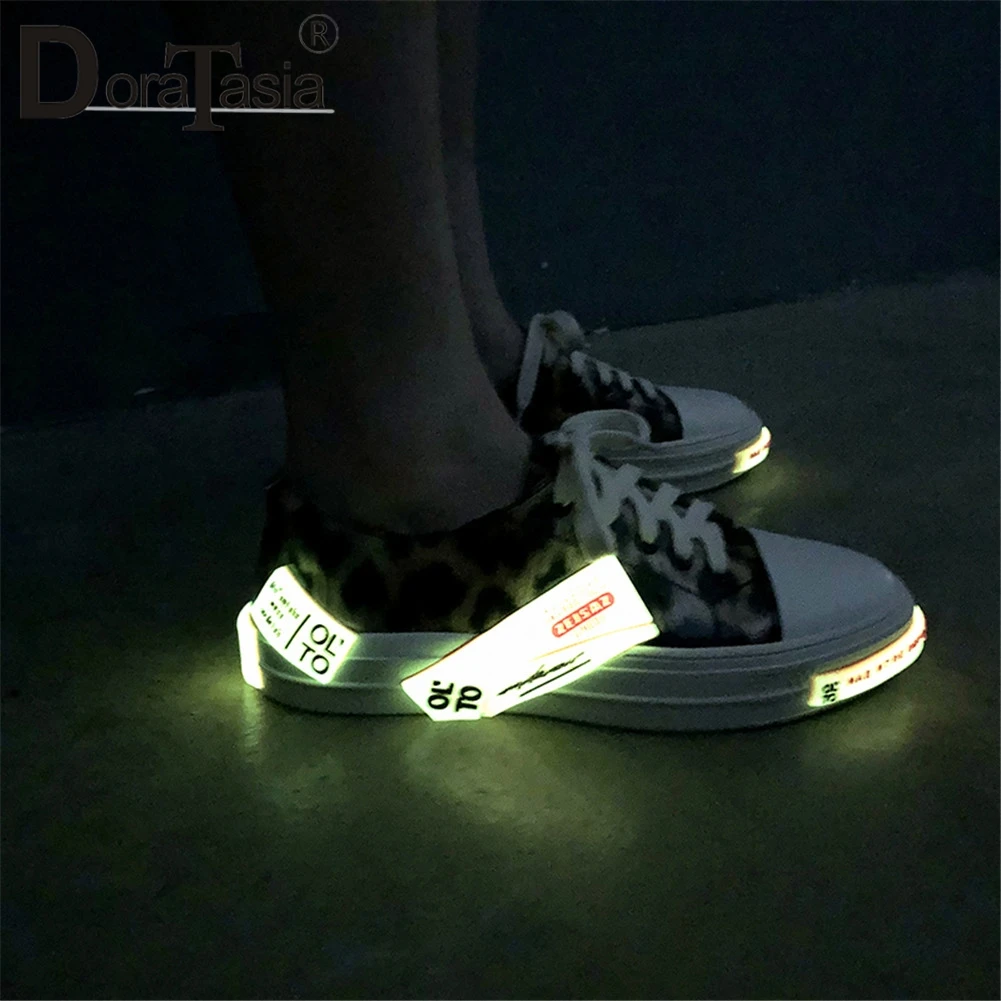 

DORATASIA New Fashion INS Hot Vulcanize Leopard Genuine Leather Slip On Reflective Luminous Women Shoes Woman Casual Soft Flats