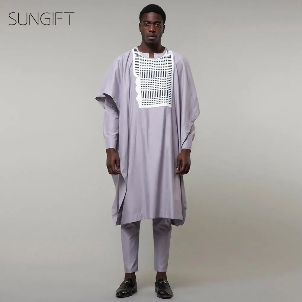 SUNGIFT Мужская африканская рутинная круглая шея Agbada Топ dashiki серые рубашки грудь печать и брюки размера плюс наряды 3 шт