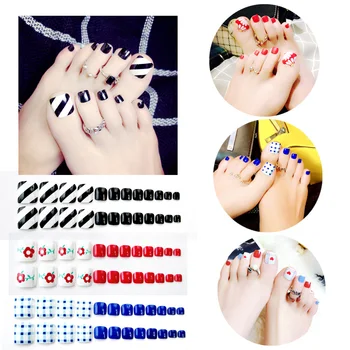 

24Pcs Fake Nails Full Cover Feet Square Toenail False Nails Toe Stripe Flower Mixed Colorful Patch Finished Press on Nail Art