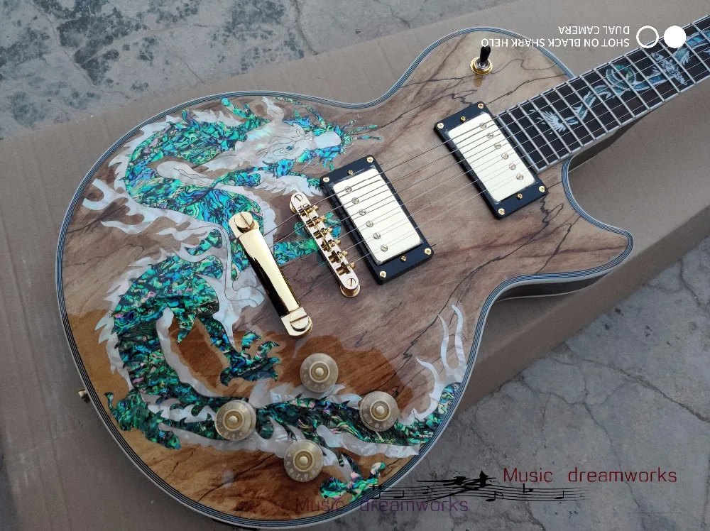 

China OEM firehawk shop electric guitar spalted maple dragons inlays keyboard And the body Natural abalone shell