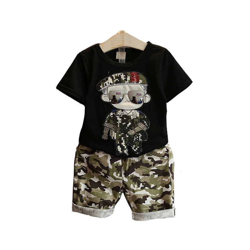 Комплекты детской одежды костюмы для мальчиков летняя футболка для малышей+ штаны для спортивных костюмов одежда для детей 2, 3, 4, 5, 6, 7 лет - Цвет: Черный