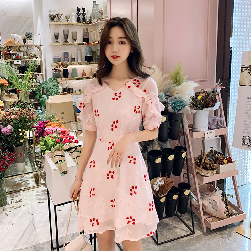 EAD Korean Style V Neck Summer Dress Elegant Floral Embroidery Pink Ruffle Women Chiffon Mini Dresses High Waist Sexy Vestidos EAD Korean Style V Neck Summer Dress Elegant Floral Embroidery Pink Ruffle Women Chiffon Mini Dresses High Waist Sexy Vestidos