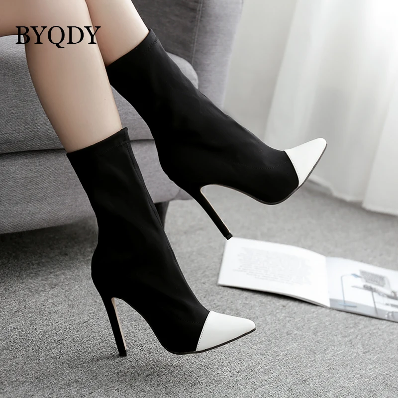 Byqdy 2018 Women Autumn Mid Calf Booties Shoes High Heels Stretch Fabric Ladies Party Boots