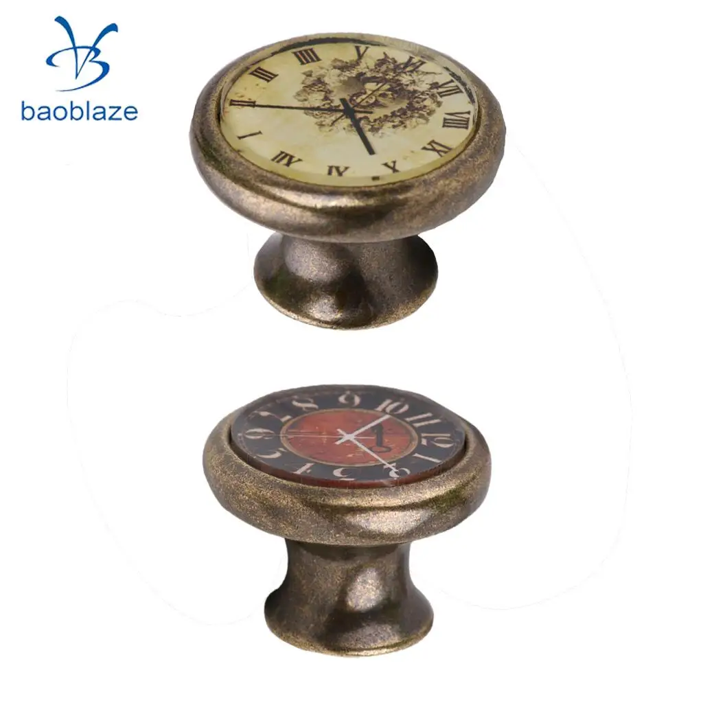 2 Pieces Vintage Brass Cabinet Drawer Round Pulls Wardrobe Cabinet Door Cupboard Knob Handle Clock Plate Pattern #1