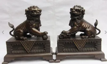 

11" China Royal Pure Red Bronze Copper Evil Guardian Fu Foo Dog Lion Beast Statue
