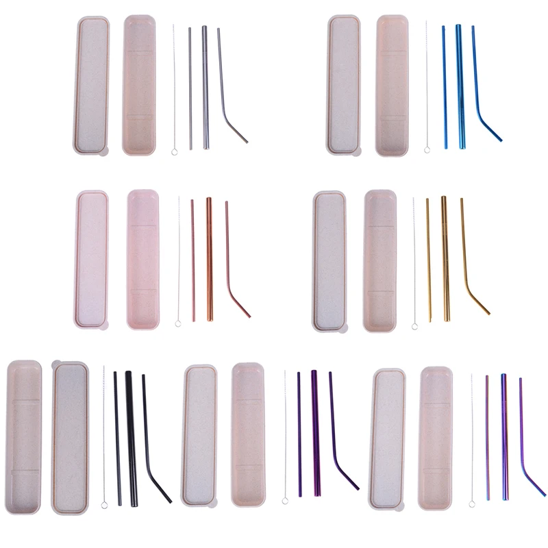Drinking Straws Set Stainless Steel Eco Friendly Reusable Straw Metal Smoothies With Brush & Box 7 Colors 5Pcs/Set