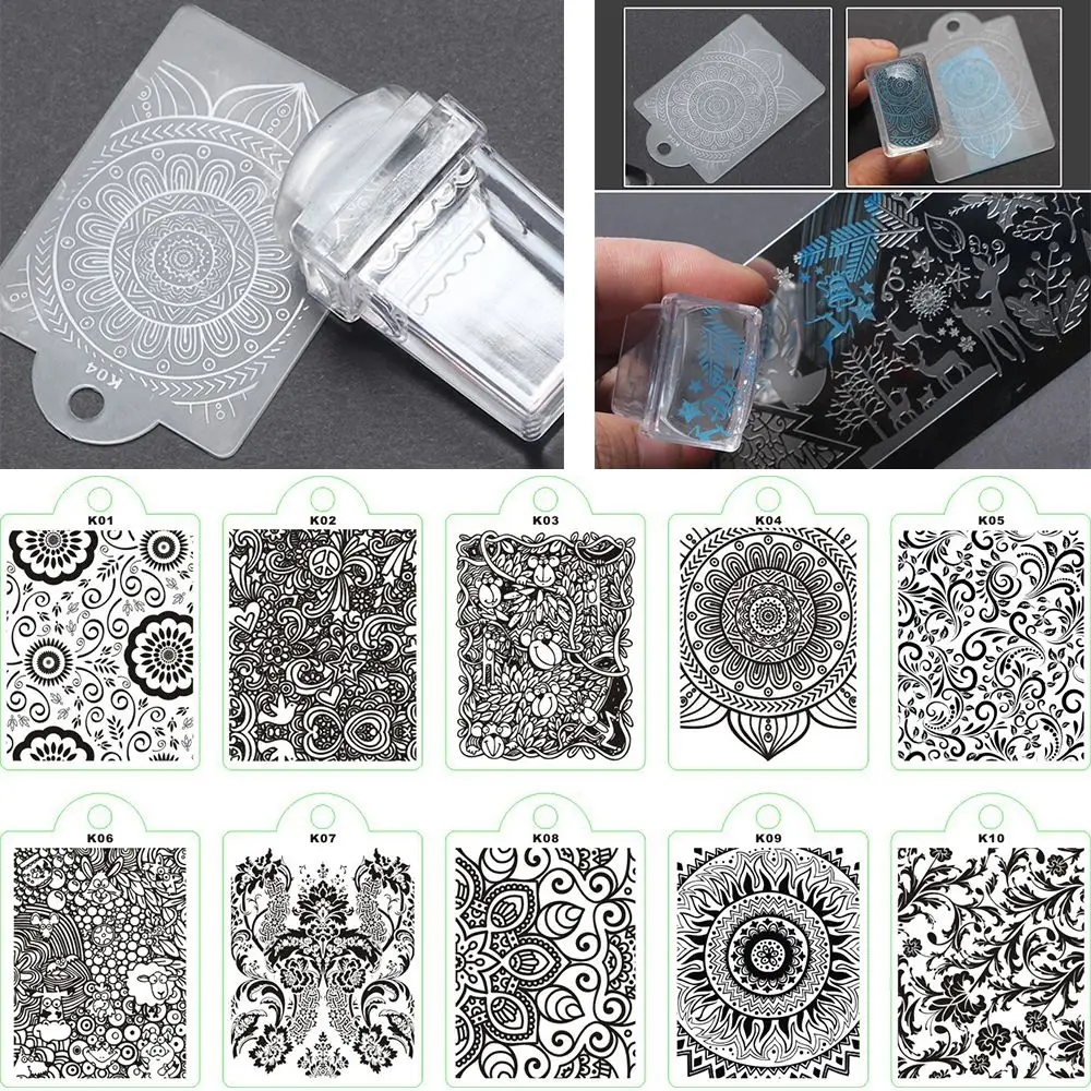 

New Arrival 2Pcs/set Transparent Nail Art Stamper Template Scraper Clear Silicone Stamping Plate Set DIY Manicure Tools