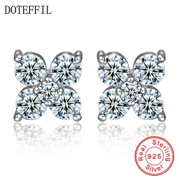 

925 Sterling Silver Female Stud Earrings AAA Crystal Zircon Clover Charm Earrings Woman Fashion Jewelry