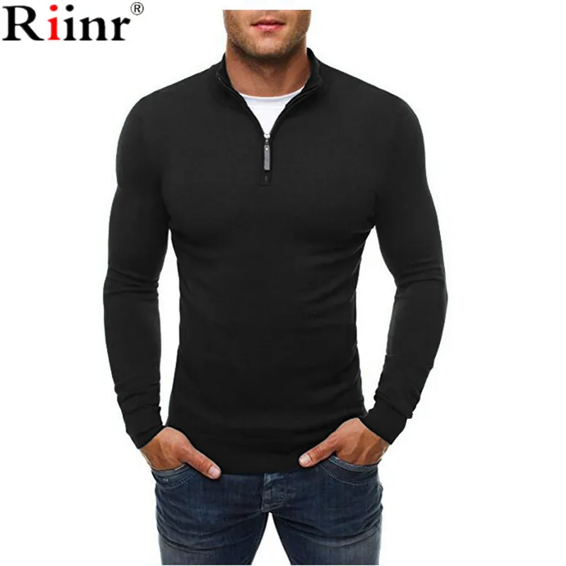 Riinr осень новый свитер для мужчин Высокое качество повседневное хлопковые смеси пуловер вязаный на молнии Slim Fit Водолазка