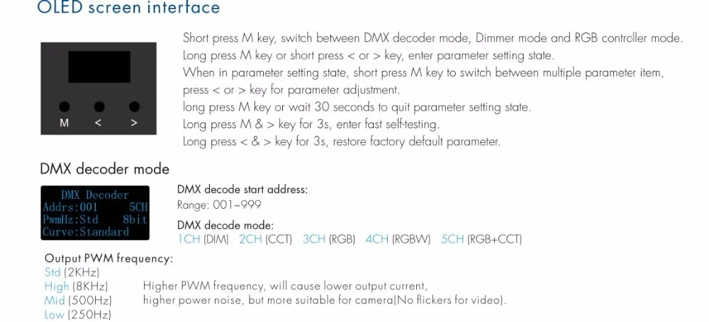 5 каналов постоянного напряжения DMX512 и RDM декодер/мастер/автономная функция/8 бит или 16 бит декодирование/четыре PWM частоты