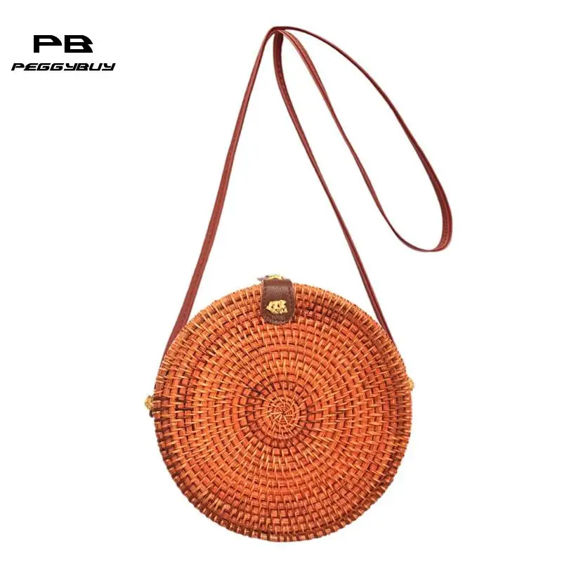 

Bohemia Women Straw Woven Shoulder Crossbody Handbags Girls Round Simple Beach Rattan Bags Packs Female Travel Mini Clutch Pouch