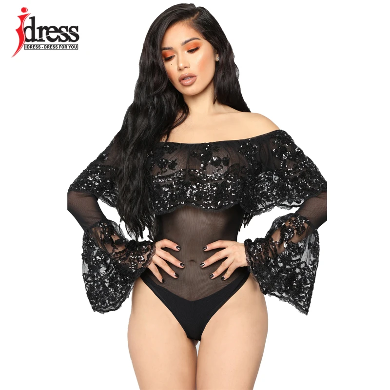 Женское Кружевное боди с вышивкой IDress черное Сетчатое длинными рукавами