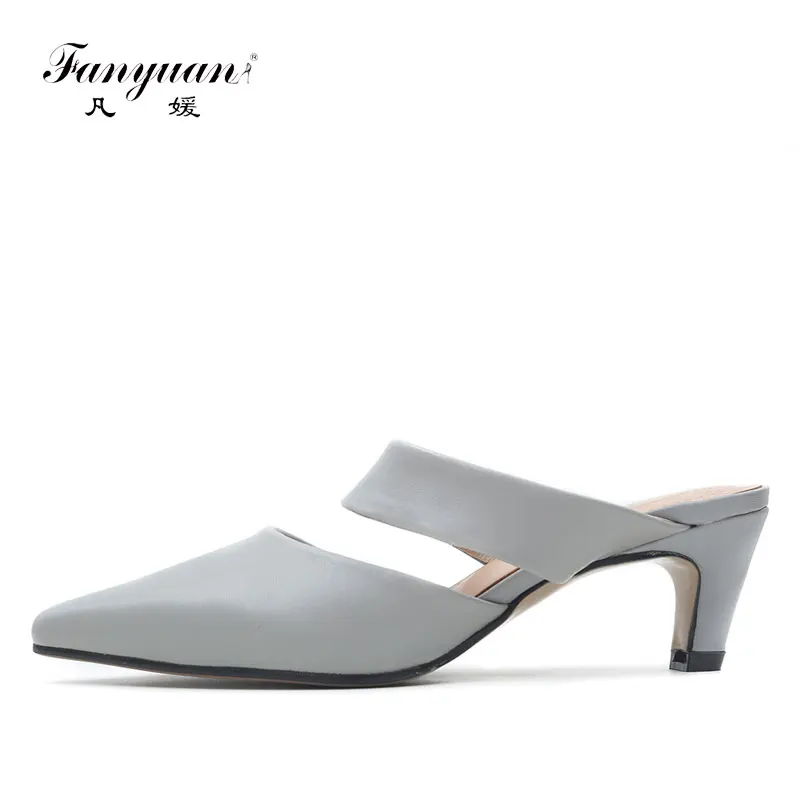 

Fanyuan High-end Women's High Heel Mules Shoes Genuine Leather Ladies Party Wear Heels Pointed Toe Sexy Ladies Nightclub Shoes