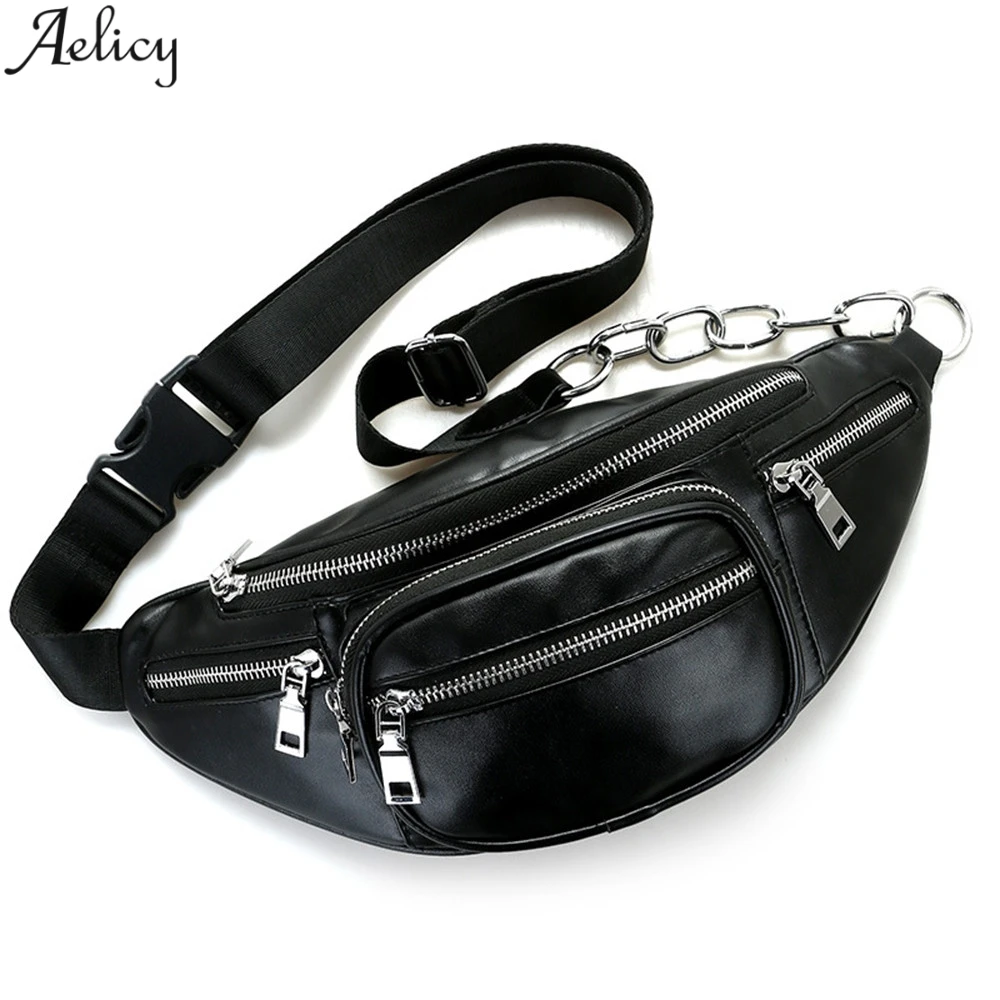 Aelicy Fashion Waist Bags Unisex Solid new Pack Female Chains Bag Black Hobos Shape Pu Leather Waist Packs Chest Phone Pouch