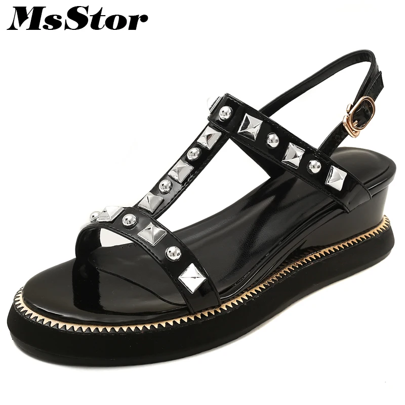 

MsStor Wedges Thick Bottom Flat Sandals Shoes Woman Fashion Rivet Metal Buckle Women Sandals Casual Shoes Gladiator Sandal Women