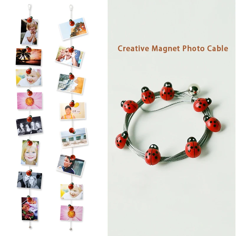 

2pcs 1.5M Hot Sale Hanging Photo Rope Silver Magnetic Cable Photo Or Card Holder With 8 cartoon ladybird Image Magnet