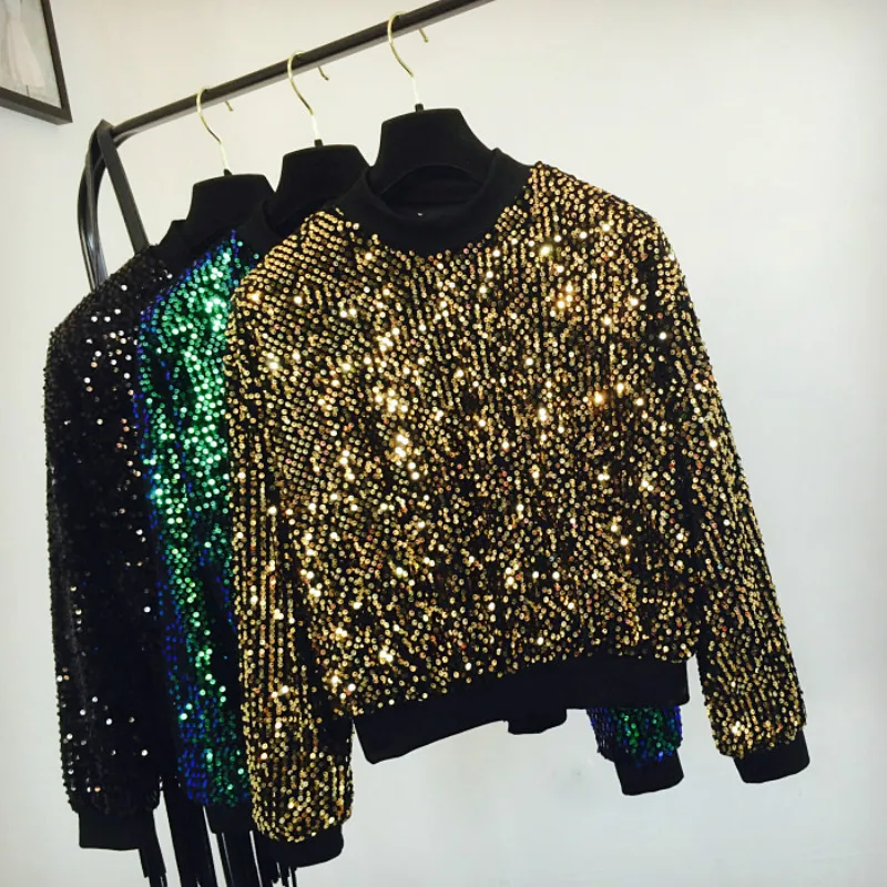 

Women Sexy Pullover Tee Crew Neck Sequins Metallic Sexy Club Stage Bling Tops Shine Pullovers Sexy DS Dance Disco
