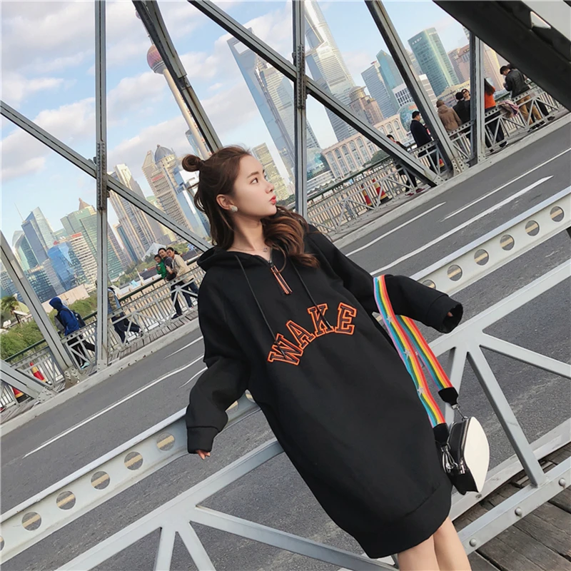 L-3XL New Fall Winter Women Letter Print Loose hoodies Dress Girl streetwear Trend Fashion Long Style Pullovers Sweatshirts