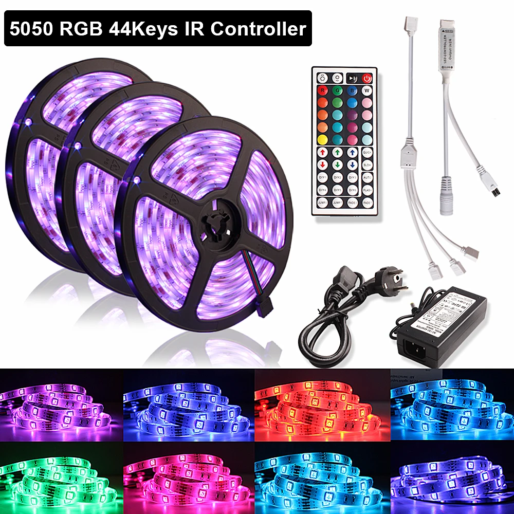 

RGB LED Strip 5M 10M 5050 SMD LED Light Tape Flexible Ribbon Waterproof IR Remote Controller With DC 12V Power Supply Full set