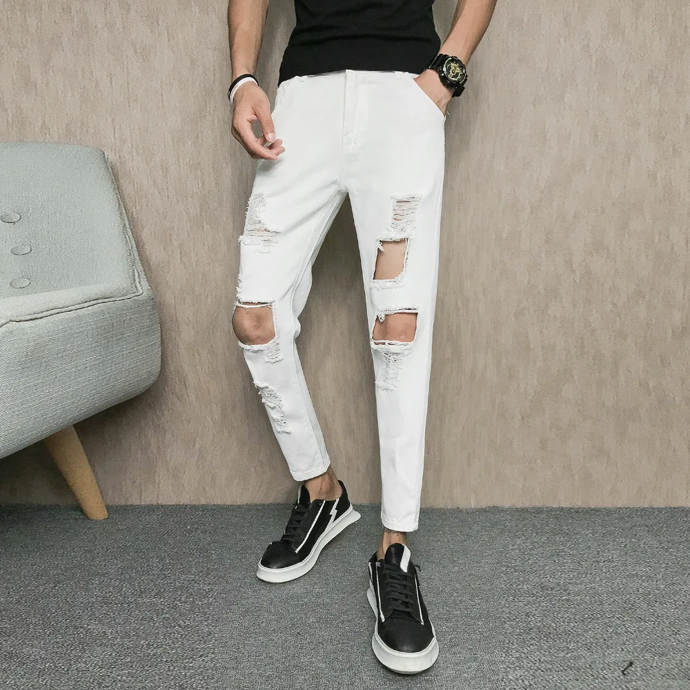 

Korean Solid Jeans Men Fashion 2018 Brand New Ripped Men Jeans Ankle Length Slim Fit Hip Hop Denim Pants Men Streetwear Trousers