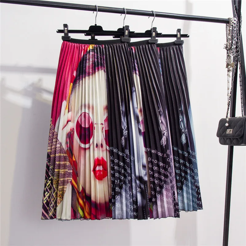 

2019 Spring Summer New Coming Europen Printing Patchwork Pattern High Elasticity Pleated High Street Style Empire Women Skirts