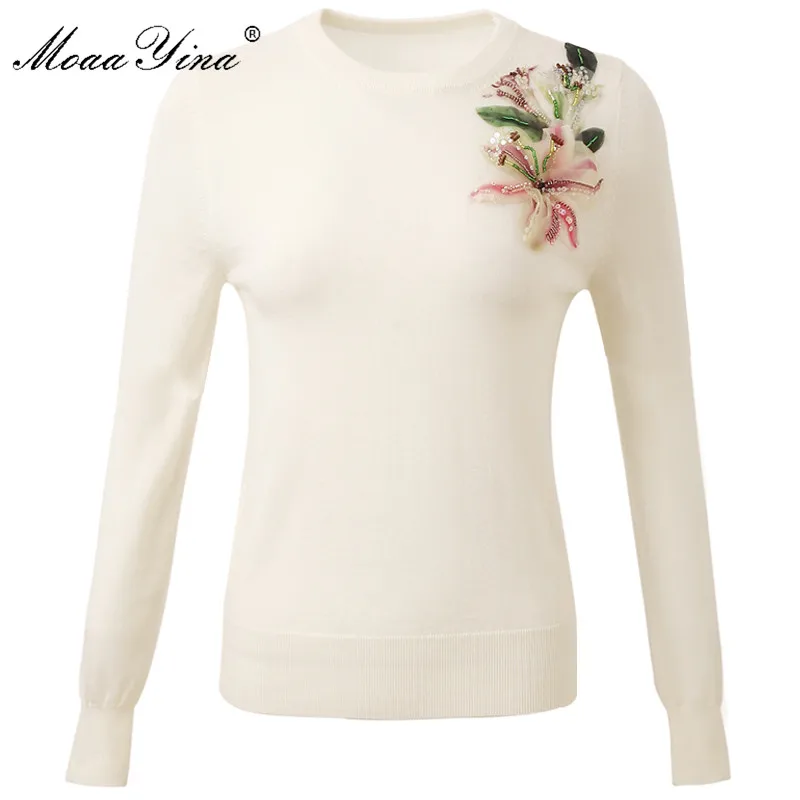 

MoaaYina Fashion Knitting Pullovers Sweater Spring Women Long sleeve Floral Beading Sequin Casual Knitting Sweater