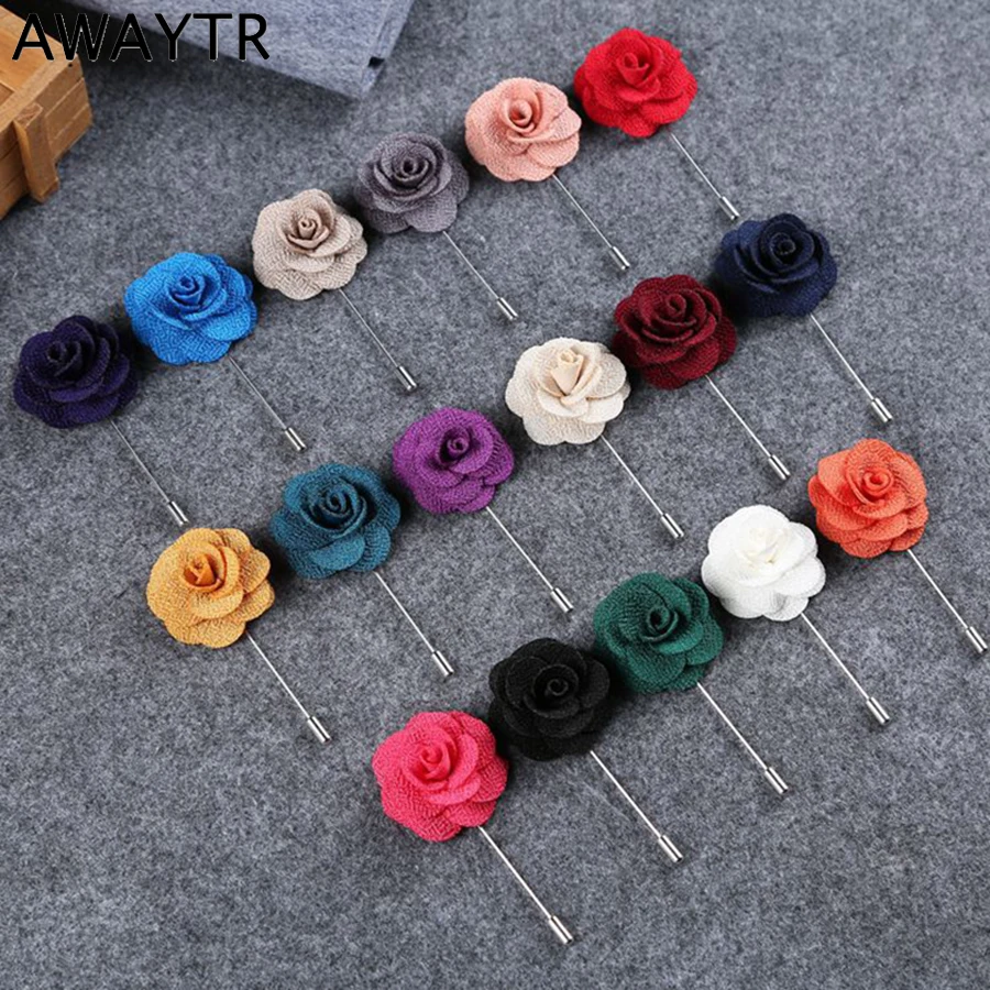 

AWAYTR Vintage Women Men Brooch Fabric Camellia Insert long Needle Collar Pins For Men Suit Accessories Patry Fashion Brooches