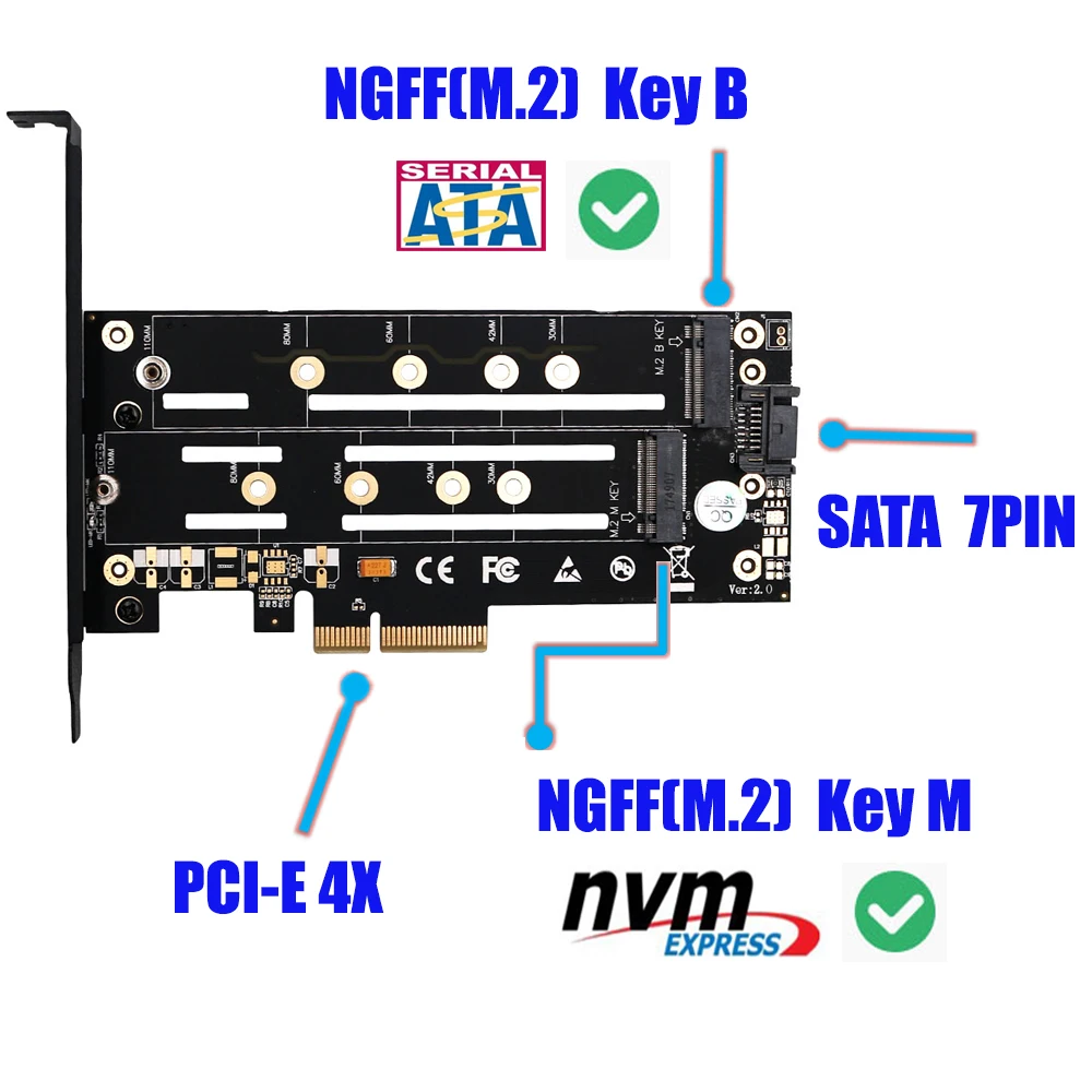 Адаптер PCI-E карта b-ключ+ М-ключ M.2 NGFF+ NVME двойной Интерфейс PCIE M2 SATA Riser адаптер для 2230 2242 2260 2280 22110 M.2 SSD