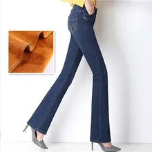 Зимние плюс бархат утолщение Flare джинсы для женщин Высокая талия эластичные узкие теплые джинсовые мотобрюки для
