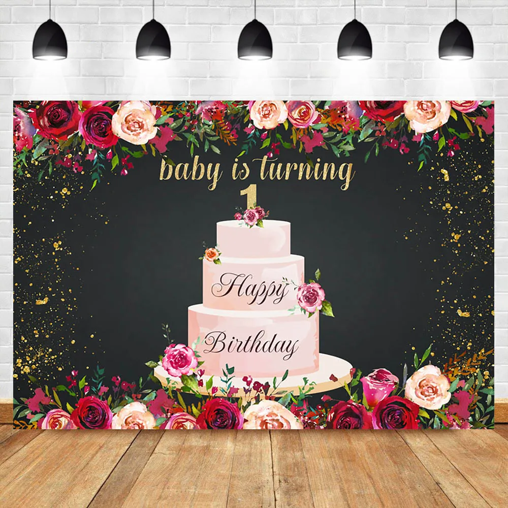 

Baby 1th Birthday Backdrop Rose Flower Three-layer cake Photography Background Birthday Party Dessert Table Decorations Props