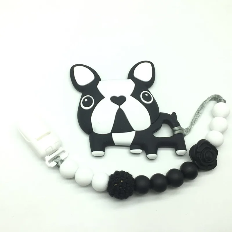 

1 PC Black Baby Teething Accessories Silicone Pacifier Clip French Bulldog Toys Crochet Bead Chew Silicone Beads Nursing Pendant